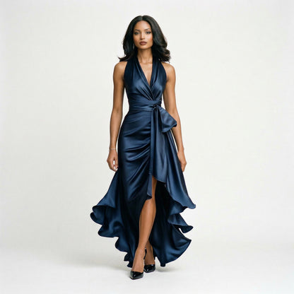 Beatrice - Formal Women's Wedding Guest Dress with Halter Neckline and High Low Hem