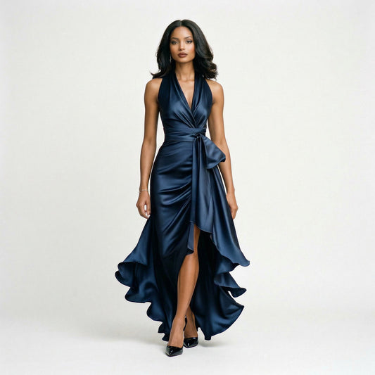 Beatrice - Formal Women's Wedding Guest Dress with Halter Neckline and High Low Hem