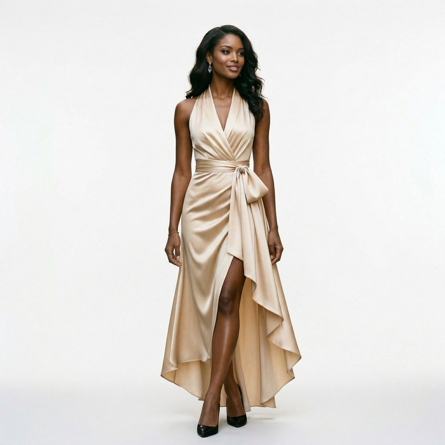 Beatrice - Formal Women's Wedding Guest Dress with Halter Neckline and High Low Hem