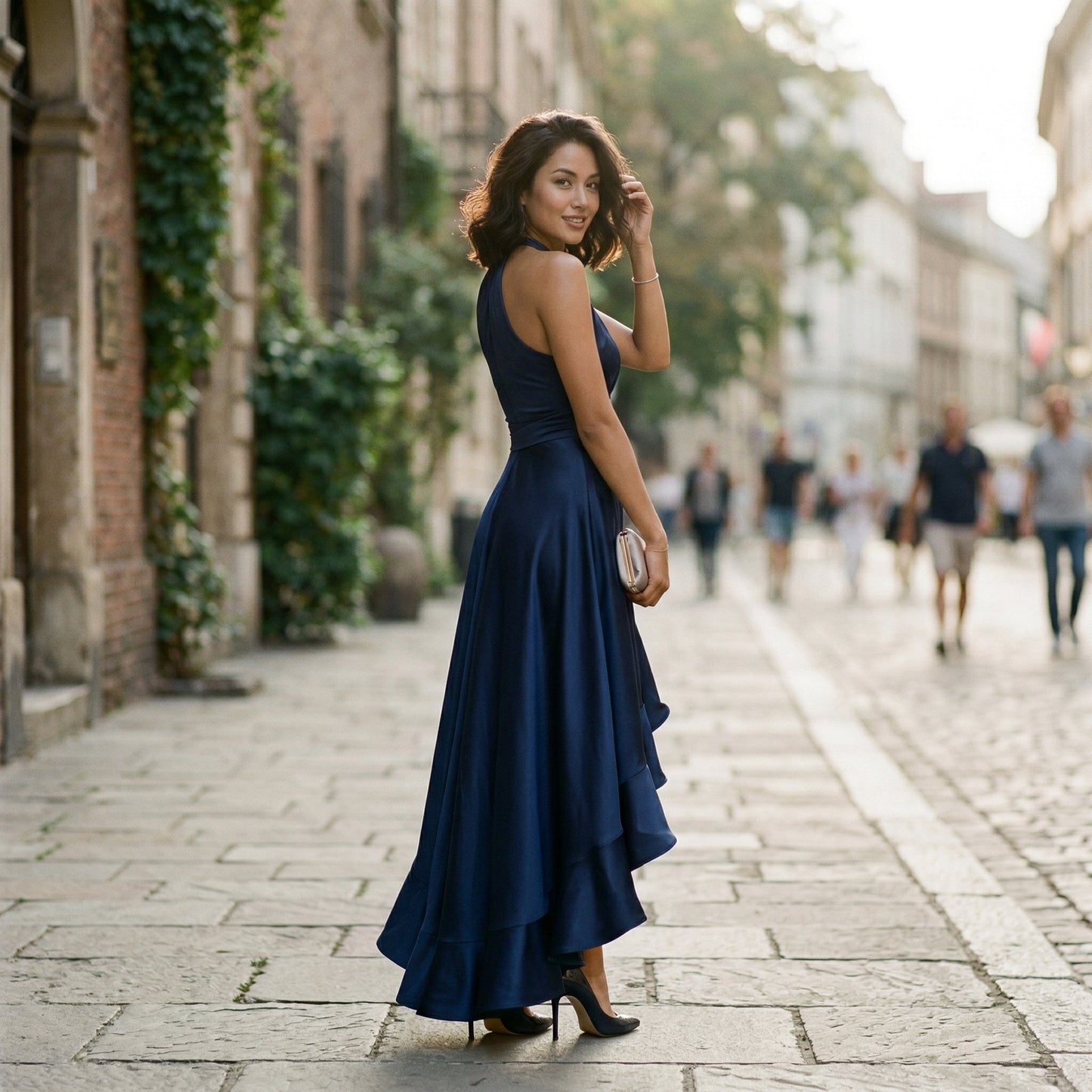 Beatrice - Formal Women's Wedding Guest Dress with Halter Neckline and High Low Hem