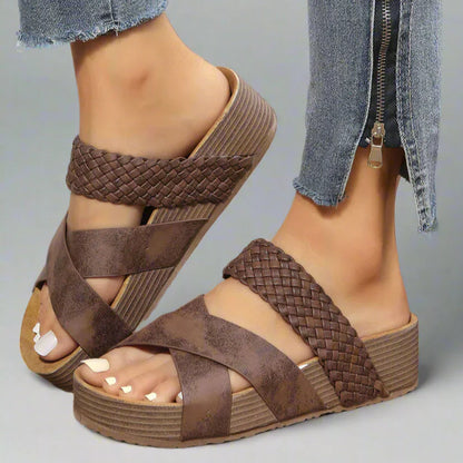 Billie - Boho Women's Orthopedic Platform Mule Sandals with Crossover Woven Strap Detail