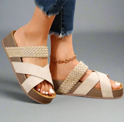 Billie - Boho Women's Orthopedic Platform Mule Sandals with Crossover Woven Strap Detail