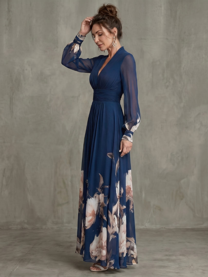 Charlotte - Chic Women's Maxi Dress with V-Neckline and Sheer Long Sleeves