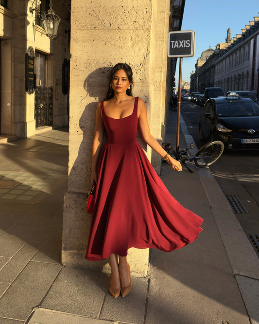 Charlotte - Elegant Women's Wedding Guest Midi Dress with Square Neck and Pleated Skirt