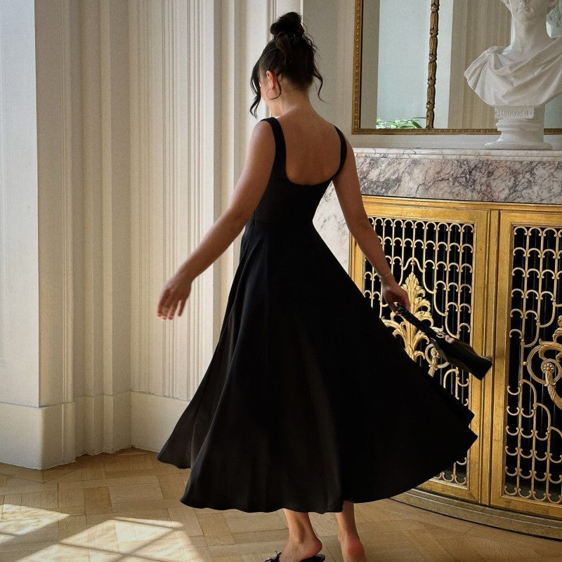 Charlotte - Elegant Women's Wedding Guest Midi Dress with Square Neck and Pleated Skirt