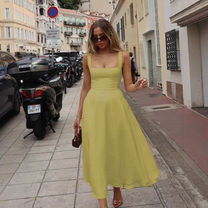 Charlotte - Elegant Women's Wedding Guest Midi Dress with Square Neck and Pleated Skirt