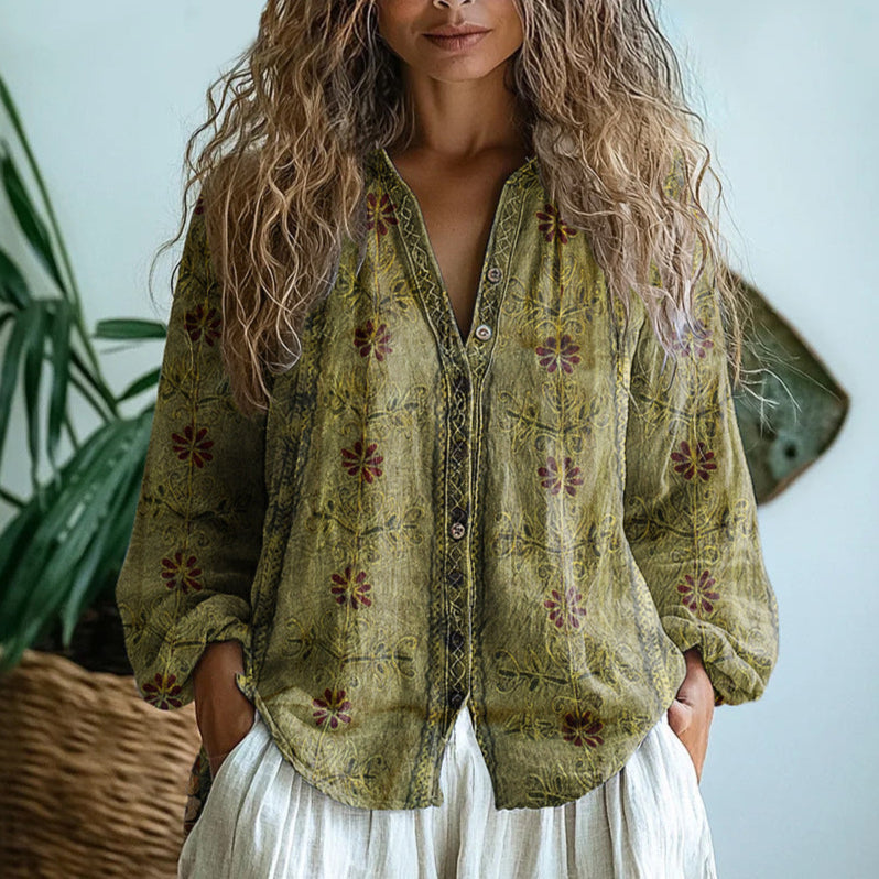 Charlotte - Vintage Women's Linen Blouse with V-Neck and Printed Detail