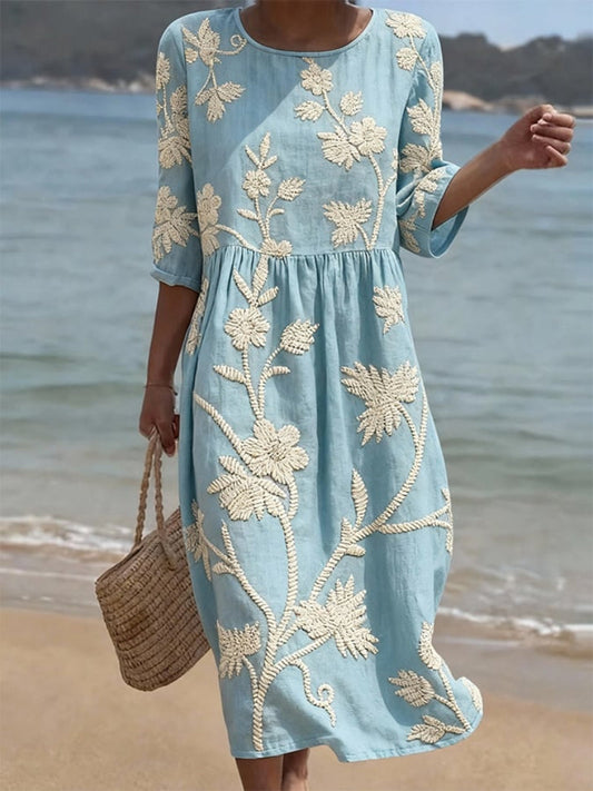 Charlotte - Vintage Women's Linen Dress with Delicate Floral Embroidery