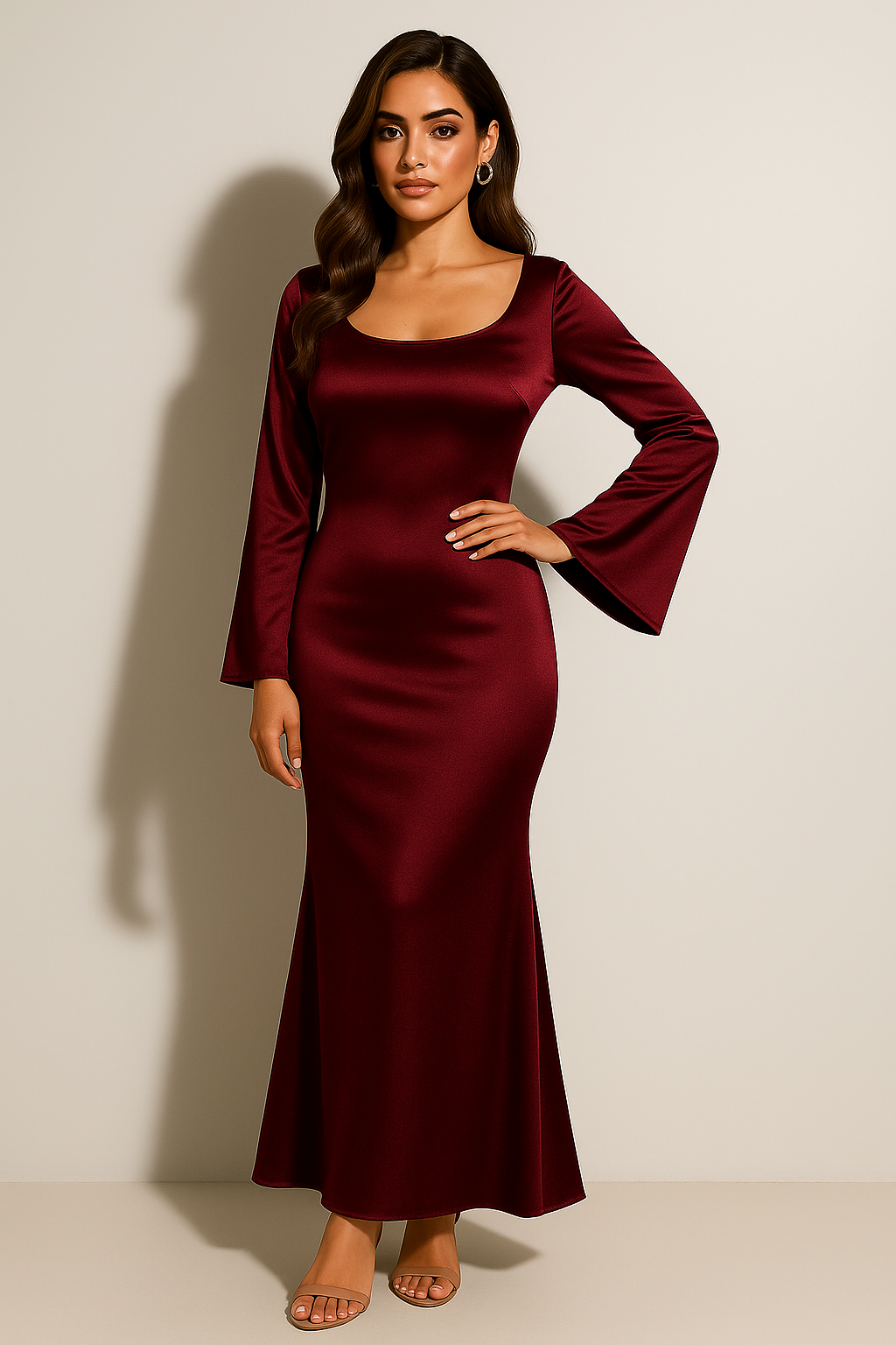 Charlotte - Women's Autumn Wedding Guest Dress with Flared Bell Sleeves
