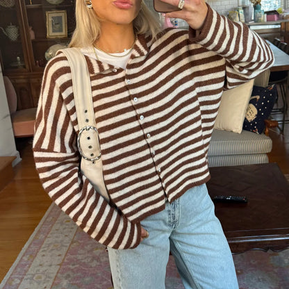 Charlotte - Women's Cardigans Wool Style for Autumn with Stripe Detail