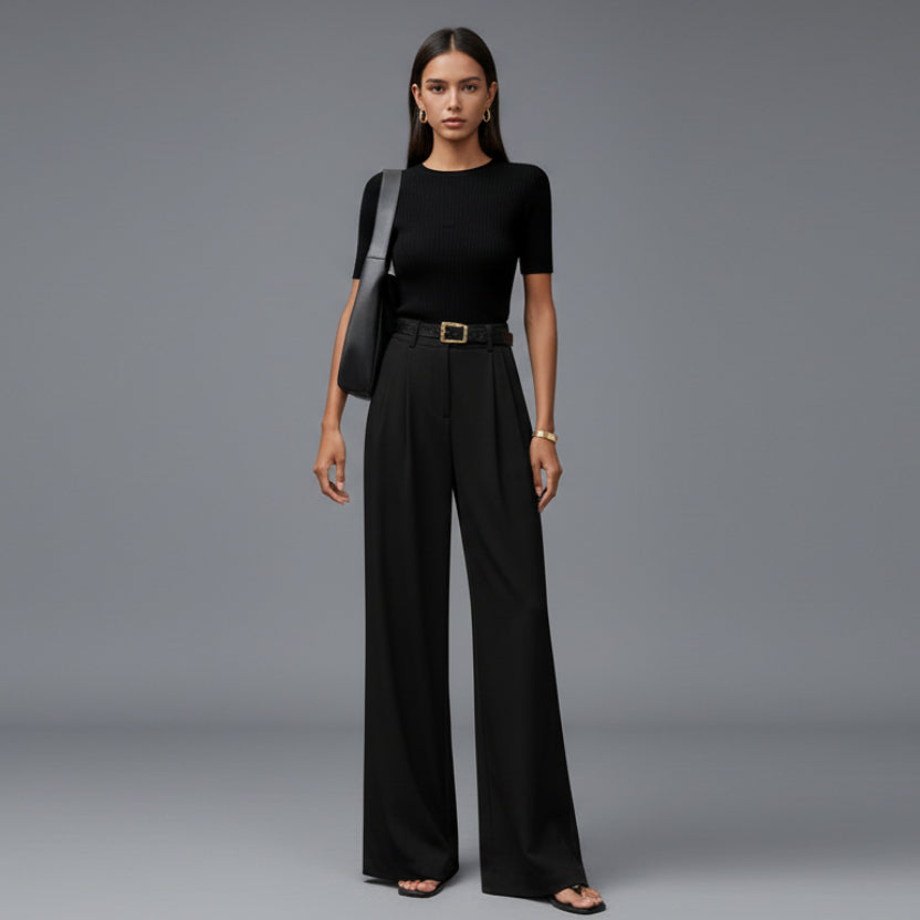 Charlotte - Women's High Waisted Wide Leg Trousers with Pleated Front