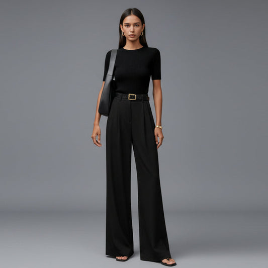 Charlotte - Women's High Waisted Wide Leg Trousers with Pleated Front