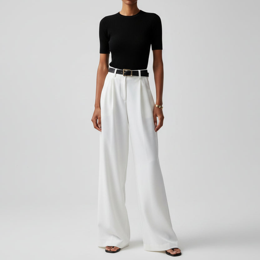 Charlotte - Women's High Waisted Wide Leg Trousers with Pleated Front