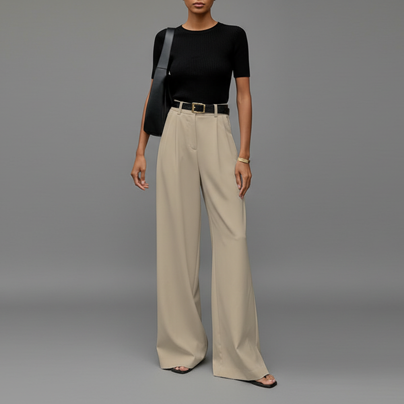 Charlotte - Women's High Waisted Wide Leg Trousers with Pleated Front