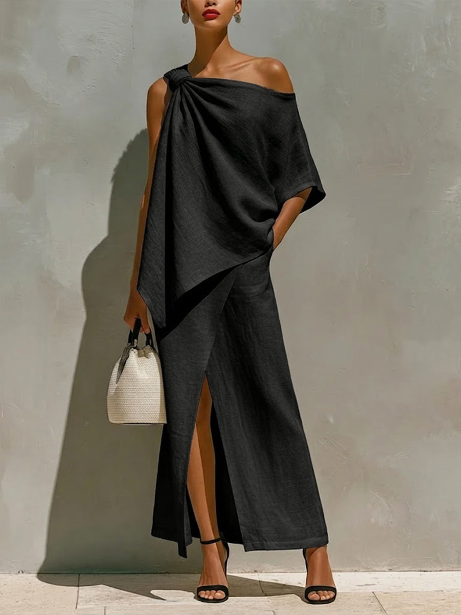 Chloe - Elegant Women's Linen Set with One Shoulder Drape and Front Slit