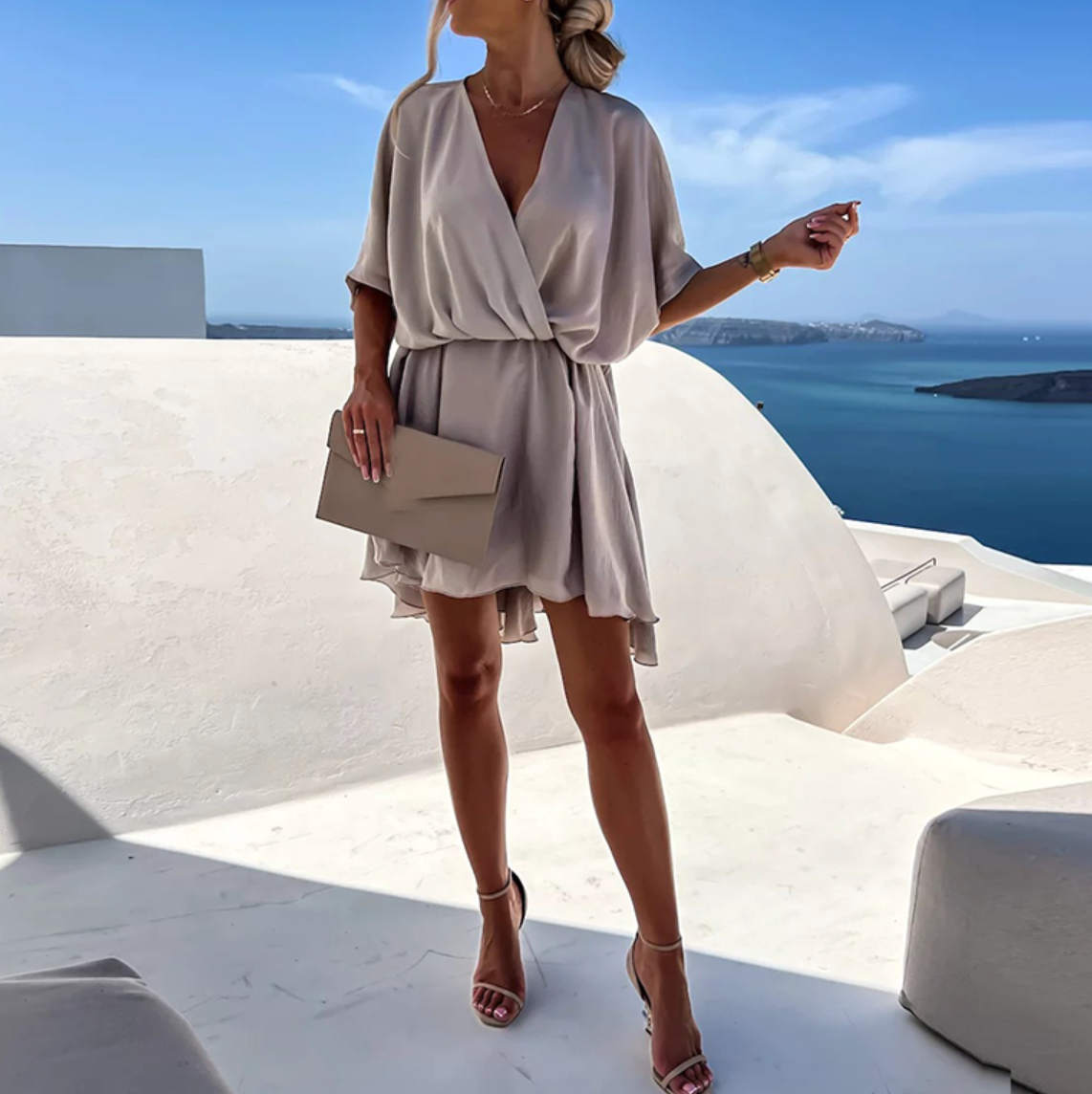 Chloe - Elegant Women's Wedding Guest Mini Dress with Wrap V-Neck and Tie Waist