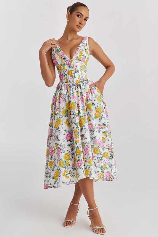 Clara - Elegant Women's Wedding Guest Midi Dress with V Neck and Floral Print