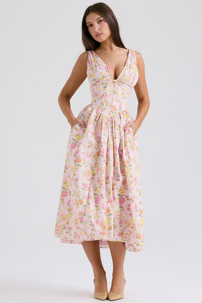 Clara - Elegant Women's Wedding Guest Midi Dress with V Neck and Floral Print