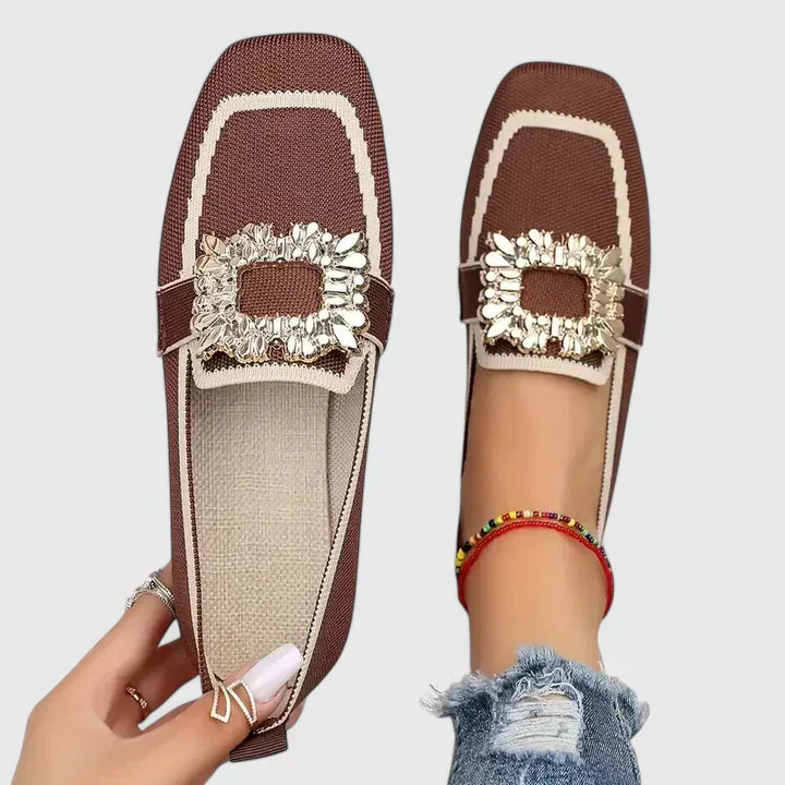 Clara - Glam Women's Comfort Loafers with Square Toe and Jewel Buckle Detail