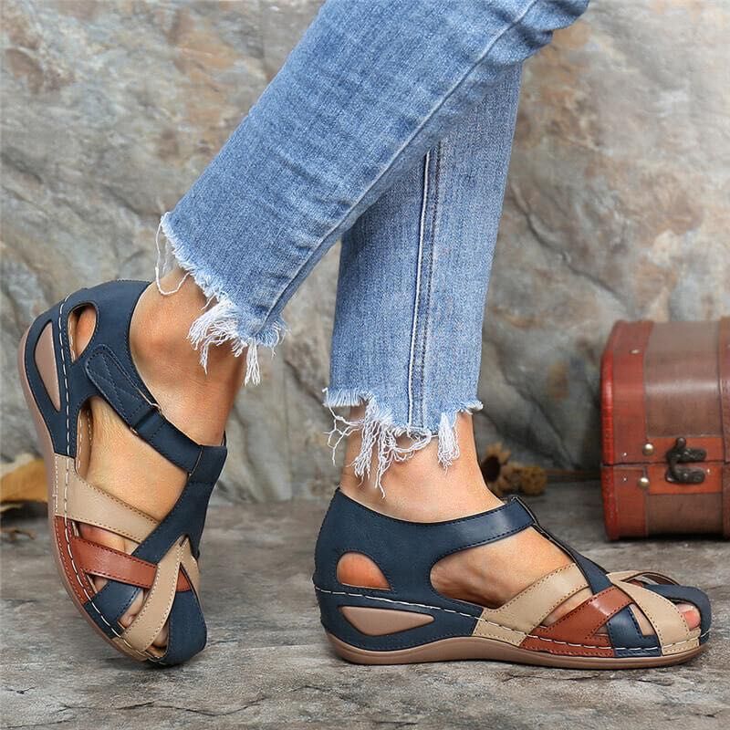 Clara - Vintage Women's Comfort Sandals with Woven Strap Upper and Low Wedge Sole