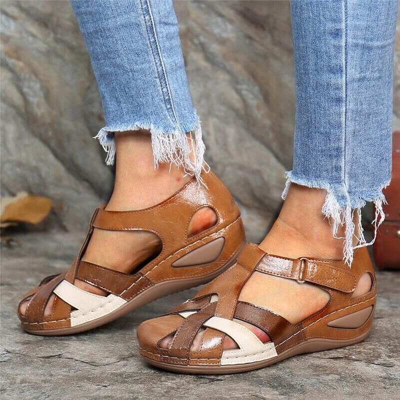 Clara - Vintage Women's Comfort Sandals with Woven Strap Upper and Low Wedge Sole