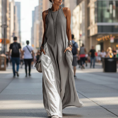 Cleo - Relaxed Women's Linen Maxi Dress with Racerback and Colour Block Panel