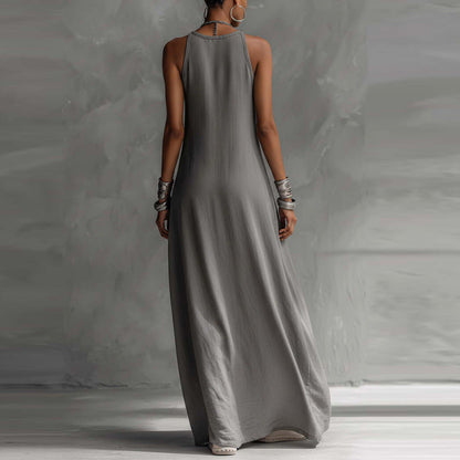 Cleo - Relaxed Women's Linen Maxi Dress with Racerback and Colour Block Panel