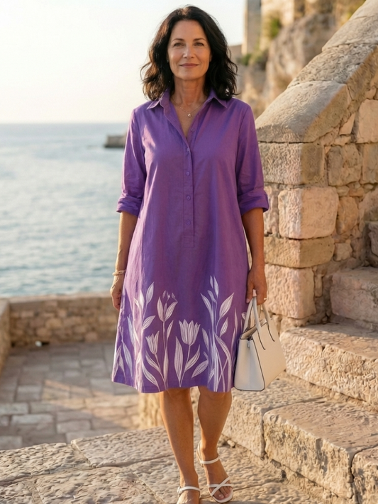 Daisy - Casual Women's Evening Dress with Collared Neckline and Button Front