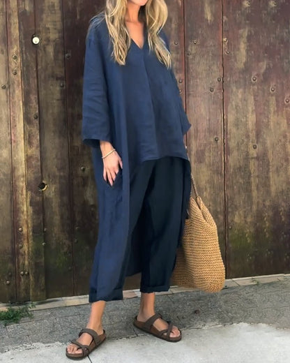Daisy - Casual Women's Linen Co-ord Set with V-Neck and Wide-Leg Trousers