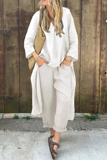 Daisy - Casual Women's Linen Co-ord Set with V-Neck and Wide-Leg Trousers