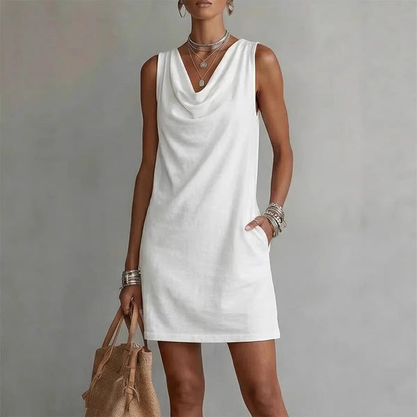 Daisy - Casual Women's Linen Mini Dress with Cowl Neck and Pockets