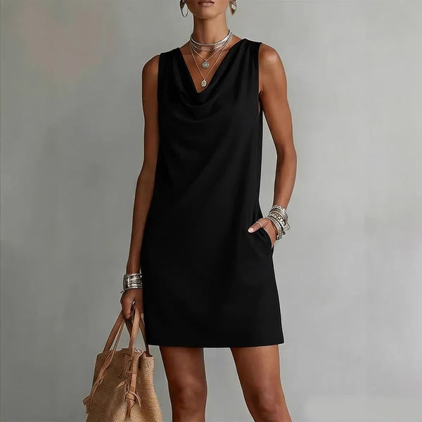 Daisy - Casual Women's Linen Mini Dress with Cowl Neck and Pockets