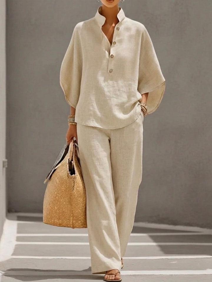 Daisy - Casual Women's Linen Set with Batwing Sleeves and Wide Leg Trousers