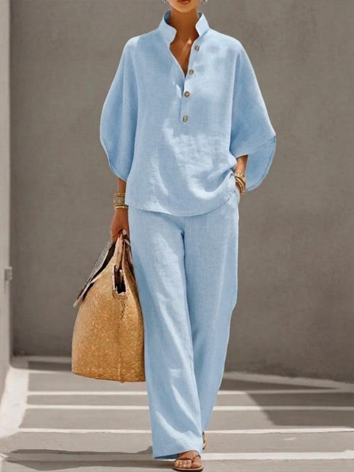 Daisy - Casual Women's Linen Set with Batwing Sleeves and Wide Leg Trousers
