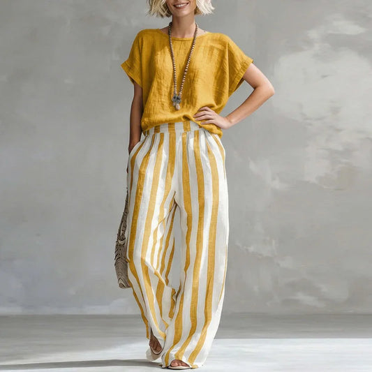 Daisy - Casual Women's Linen Summer Set with Striped Wide-Leg Trousers