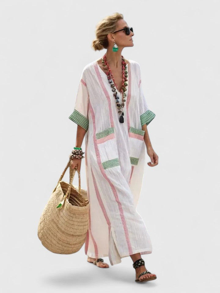 Daisy - Elegant Women's Maxi Dress with V-Neck and Short Sleeves
