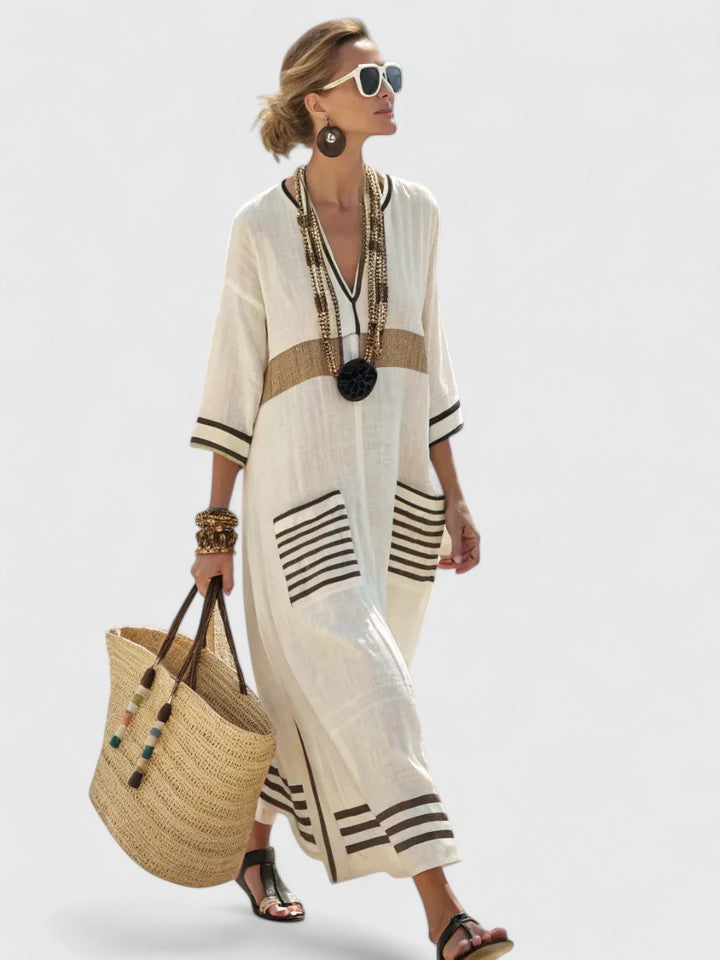 Daisy - Elegant Women's Maxi Dress with V-Neck and Short Sleeves