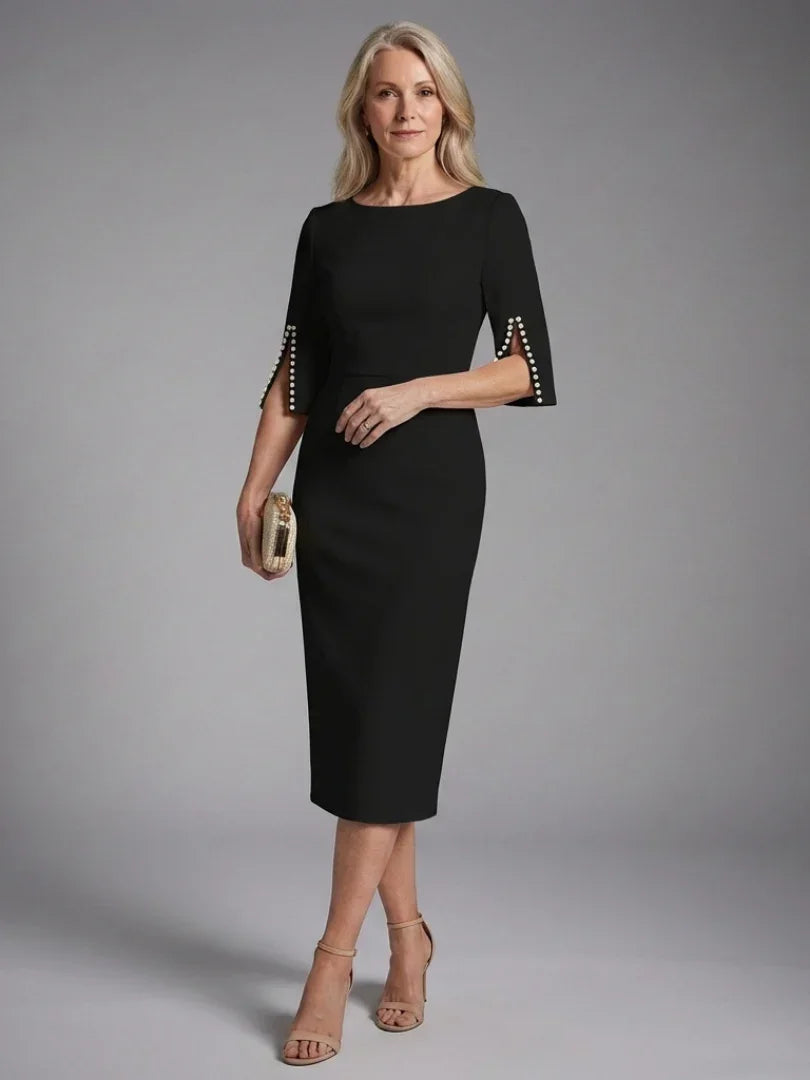Daisy - Elegant Women's Wedding Guest Midi Dress with Boat Neck and Pearl Trim