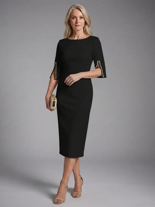 Daisy - Elegant Women's Wedding Guest Midi Dress with Boat Neck and Pearl Trim
