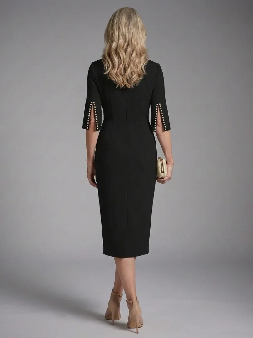Daisy - Elegant Women's Wedding Guest Midi Dress with Boat Neck and Pearl Trim