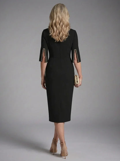 Daisy - Elegant Women's Wedding Guest Midi Dress with Boat Neck and Pearl Trim