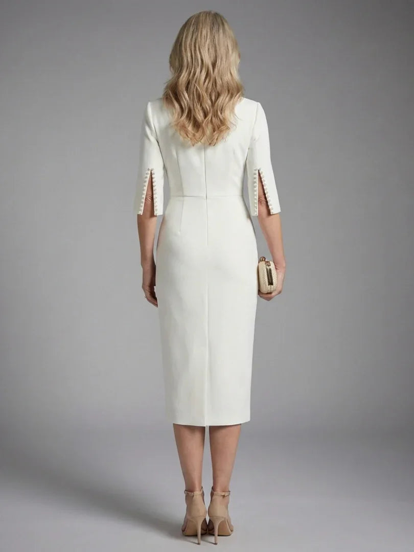 Daisy - Elegant Women's Wedding Guest Midi Dress with Boat Neck and Pearl Trim