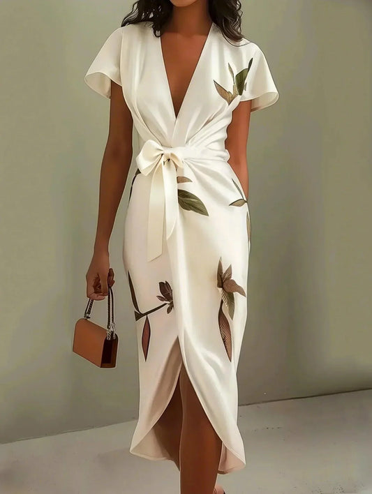 Daisy - Elegant Women's Wedding Guest Midi Dress with Deep V Neck and Tie Waist