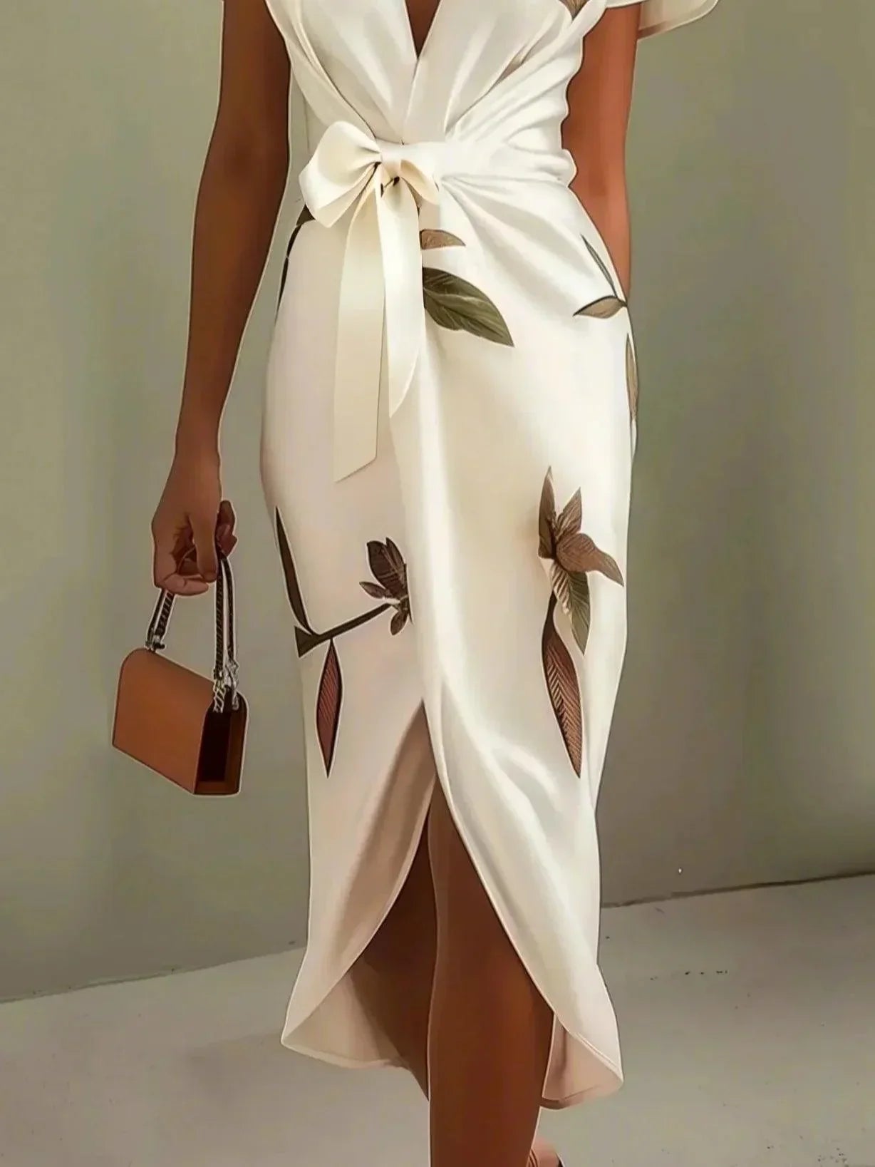 Daisy - Elegant Women's Wedding Guest Midi Dress with Deep V Neck and Tie Waist