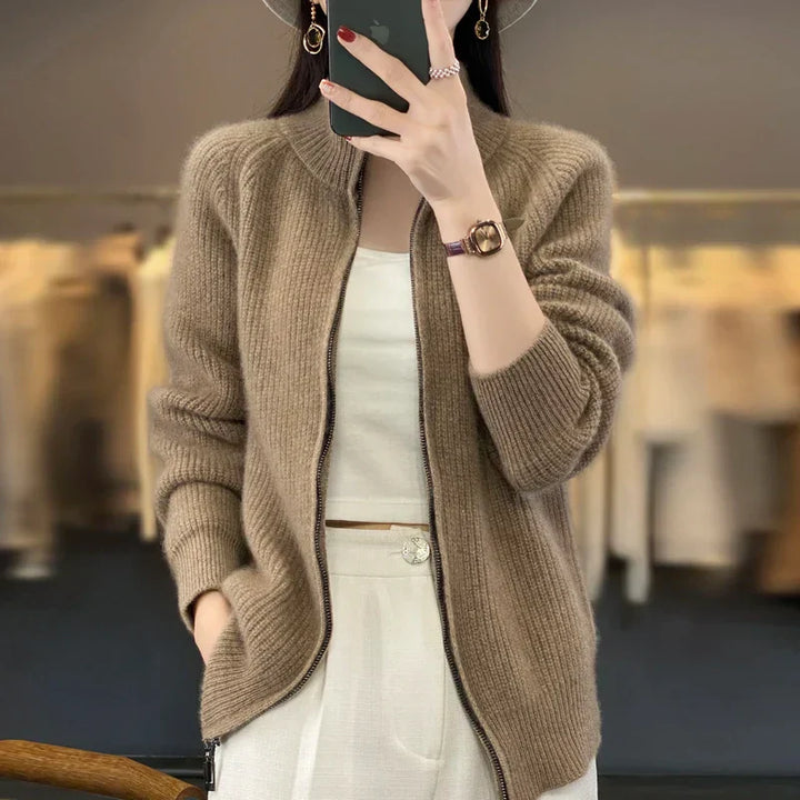 Daisy - Women's Cardigans Wool Style for Autumn with Zip Stand Collar