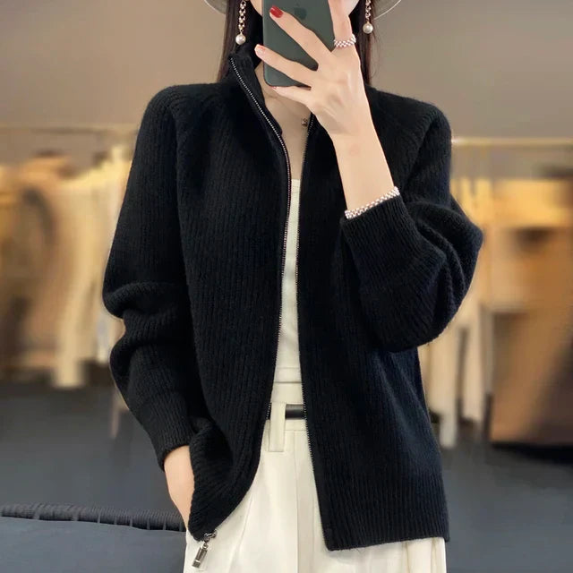 Daisy - Women's Cardigans Wool Style for Autumn with Zip Stand Collar