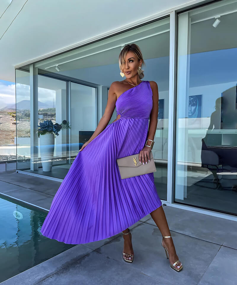 Diana - Elegant Women's Wedding Guest Midi Dress with One Shoulder and Pleated Skirt