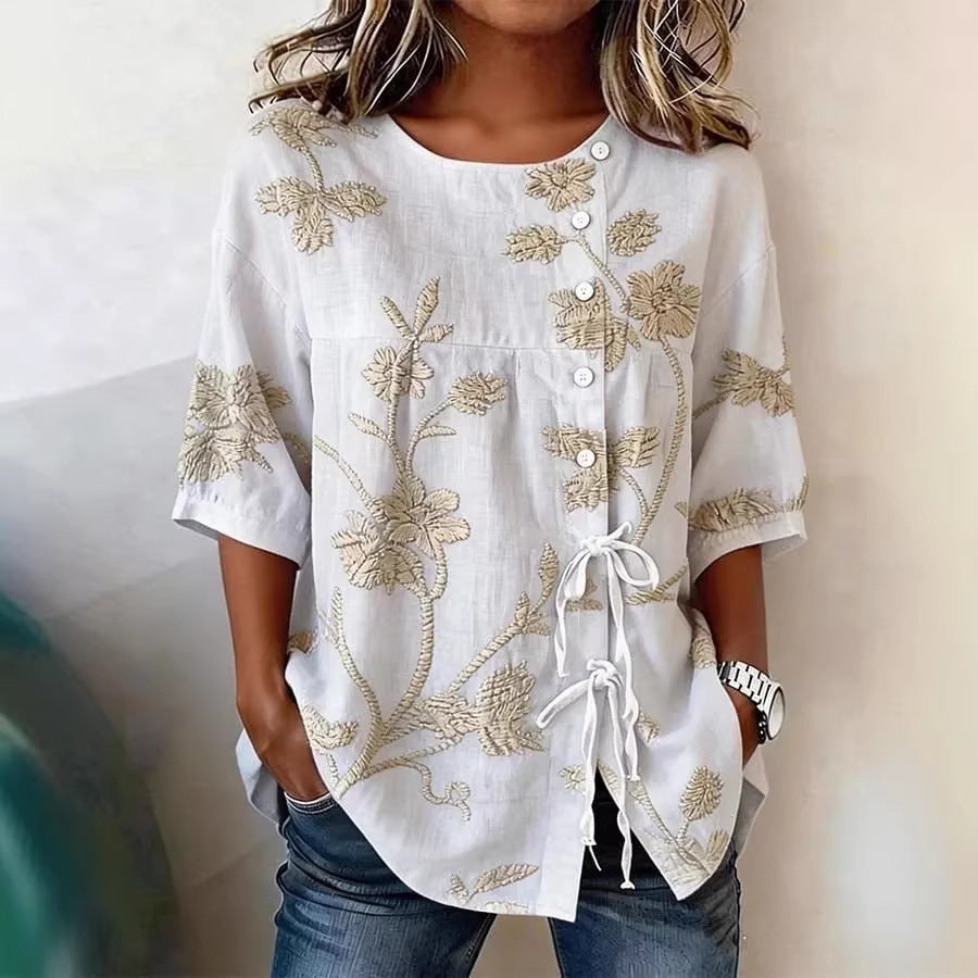 Eliza - Vintage Women's Linen Shirt with Floral Print and Tie Waist Detail
