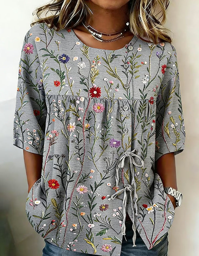Eliza - Vintage Women's Linen Shirt with Floral Print and Tie Waist Detail