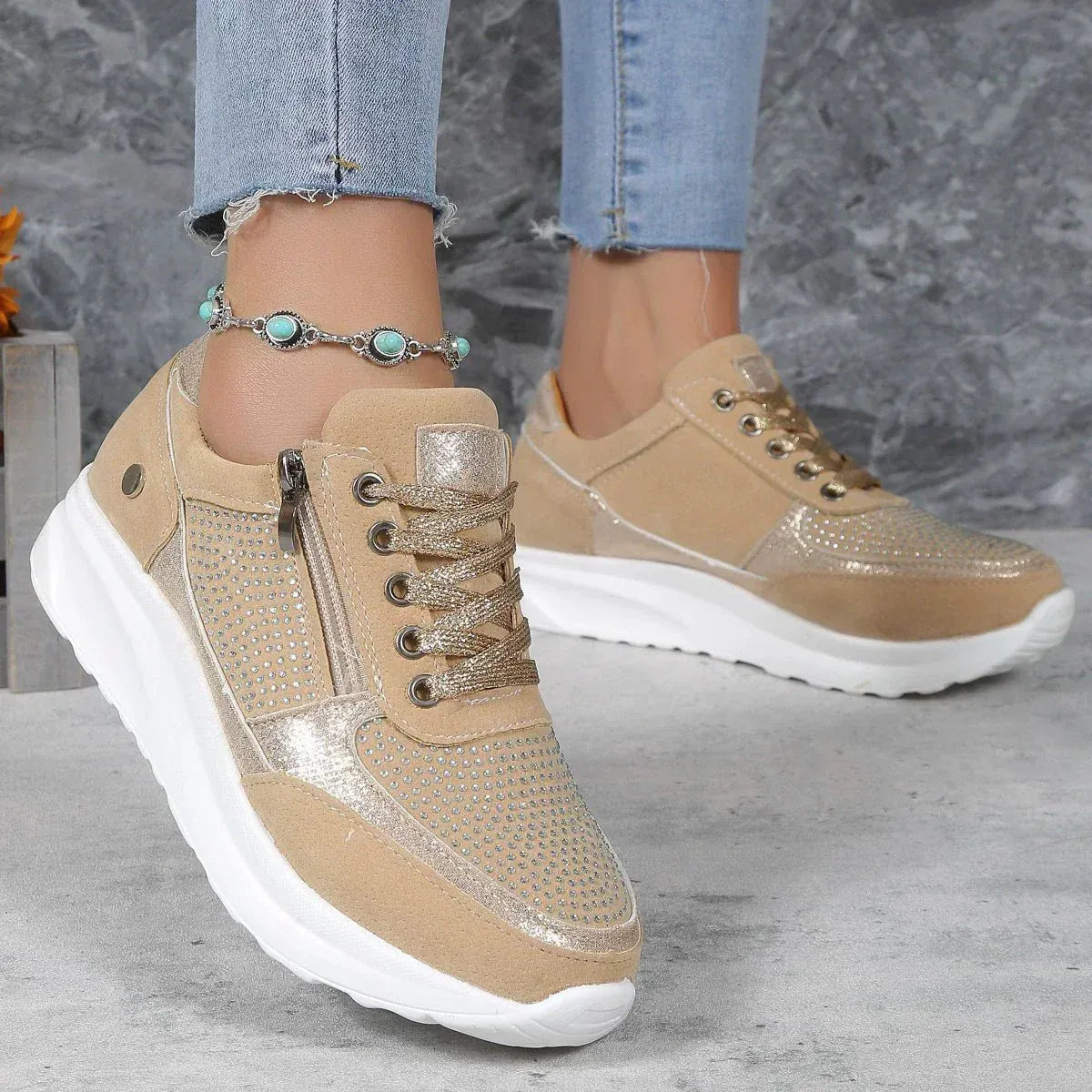 Ella - Glam Women's Comfort Trainers with Embellished Detail and Side Zip